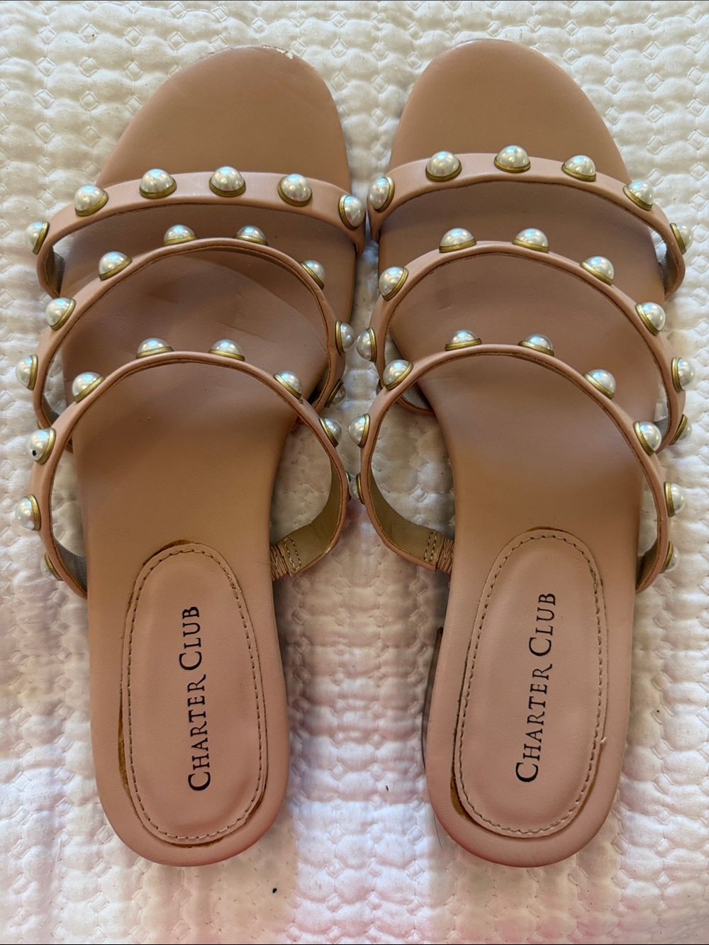 Charter Club Nude/Tan Pearl-Stud Slide Sandals